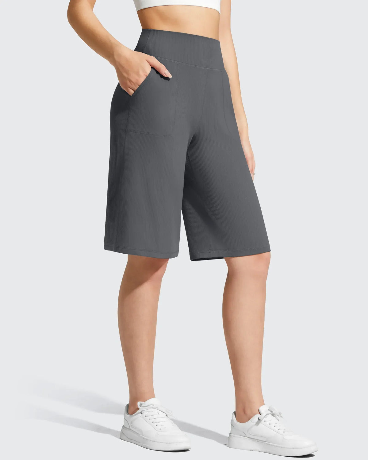 Ribbed Bermuda High-Waist Knee Length Shorts 11''