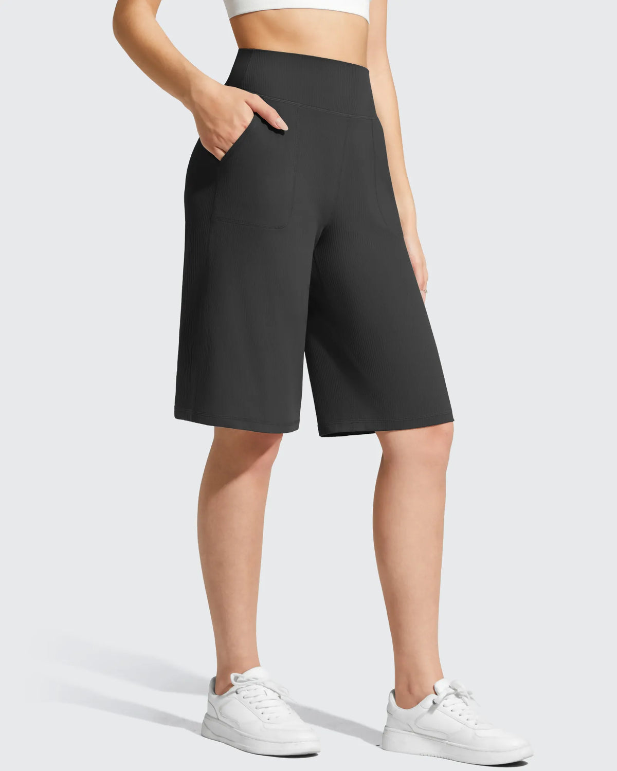 Ribbed Bermuda High-Waist Knee Length Shorts 11''