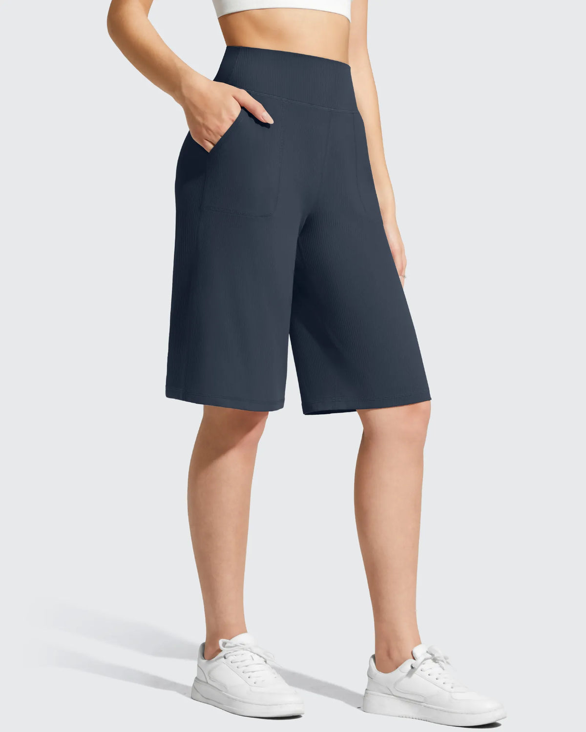Ribbed Bermuda High-Waist Knee Length Shorts 11''