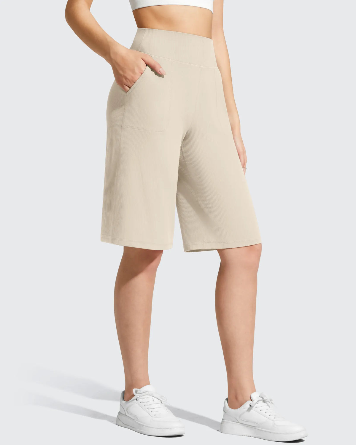 Ribbed Bermuda High-Waist Knee Length Shorts 11''