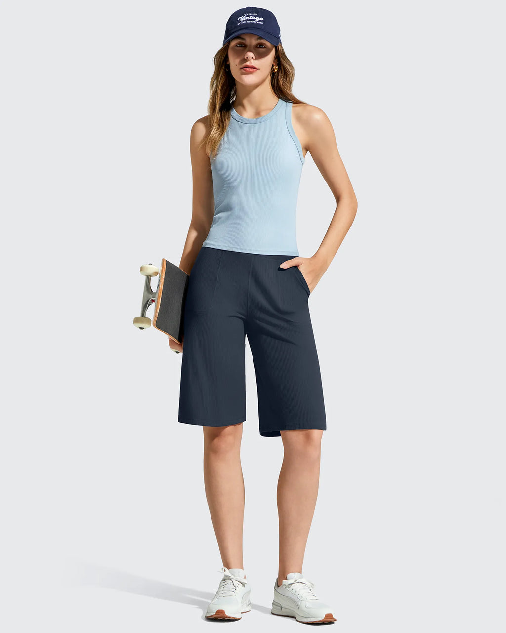 Ribbed Bermuda High-Waist Knee Length Shorts 11''
