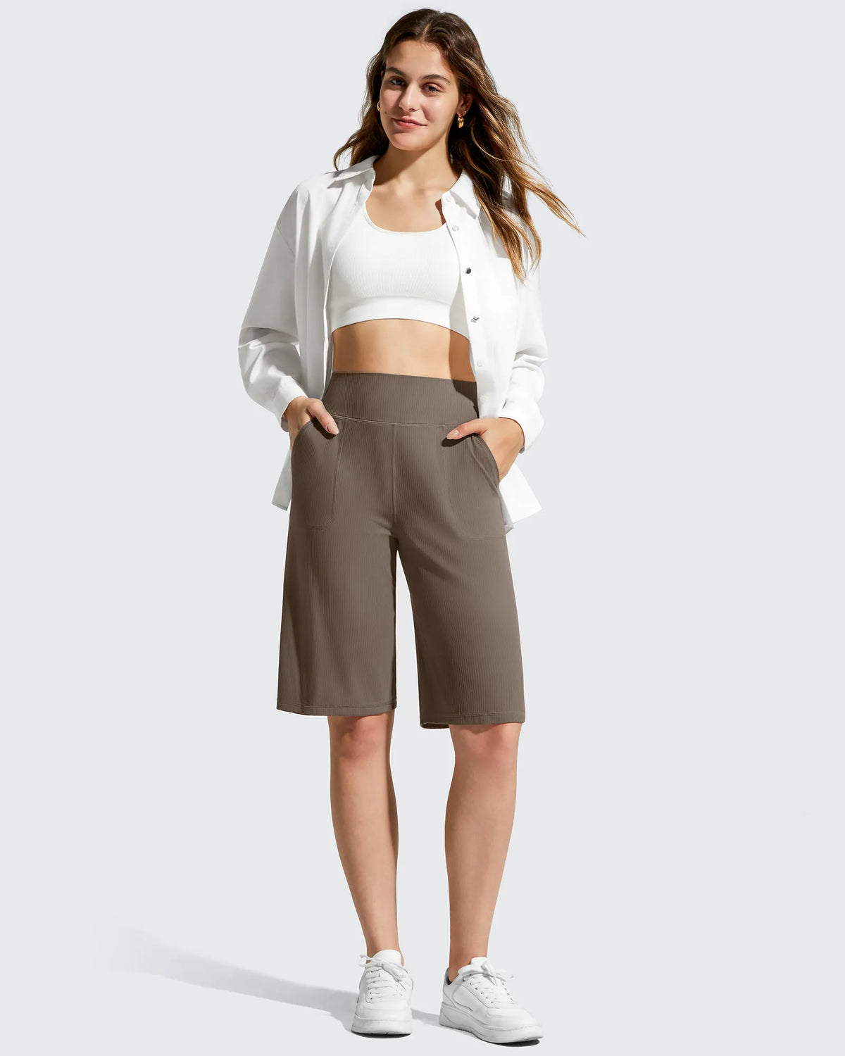 Ribbed Bermuda High-Waist Knee Length Shorts 11''