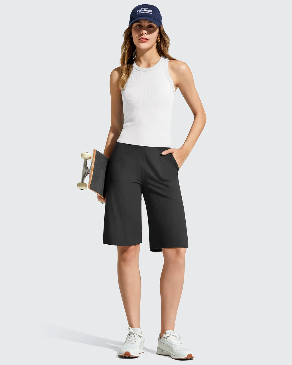 Ribbed Bermuda High-Waist Knee Length Shorts 11''