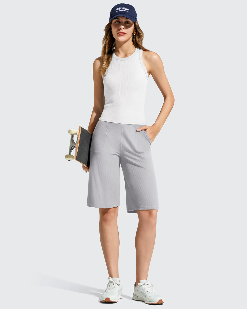 Ribbed Bermuda High-Waist Knee Length Shorts 11''