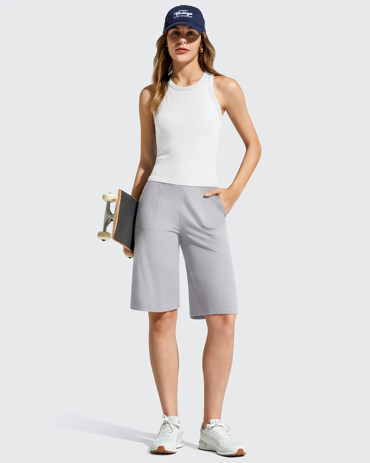 Ribbed Bermuda High-Waist Knee Length Shorts 11''
