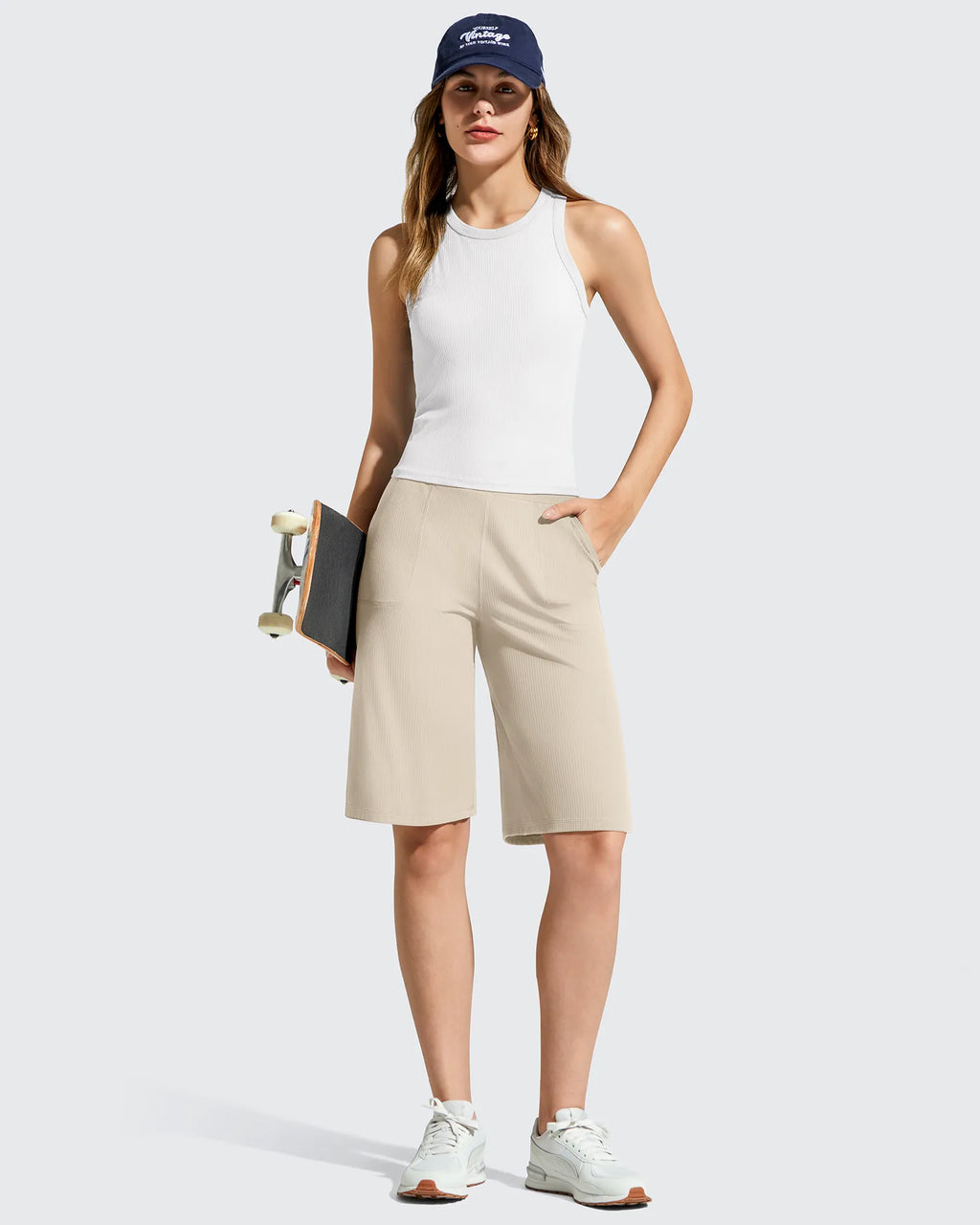 Ribbed Bermuda High-Waist Knee Length Shorts 11''