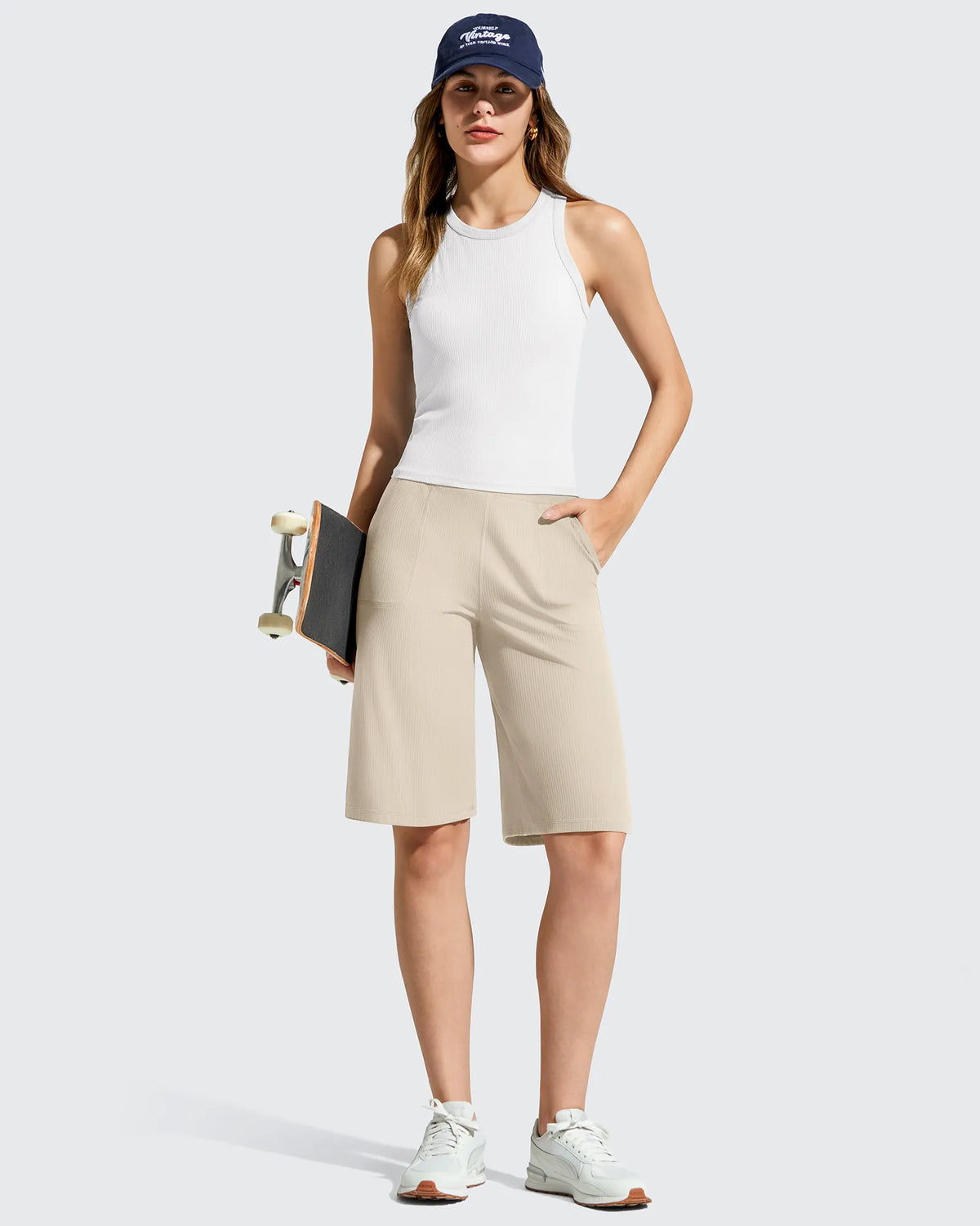 Ribbed Bermuda High-Waist Knee Length Shorts 11''