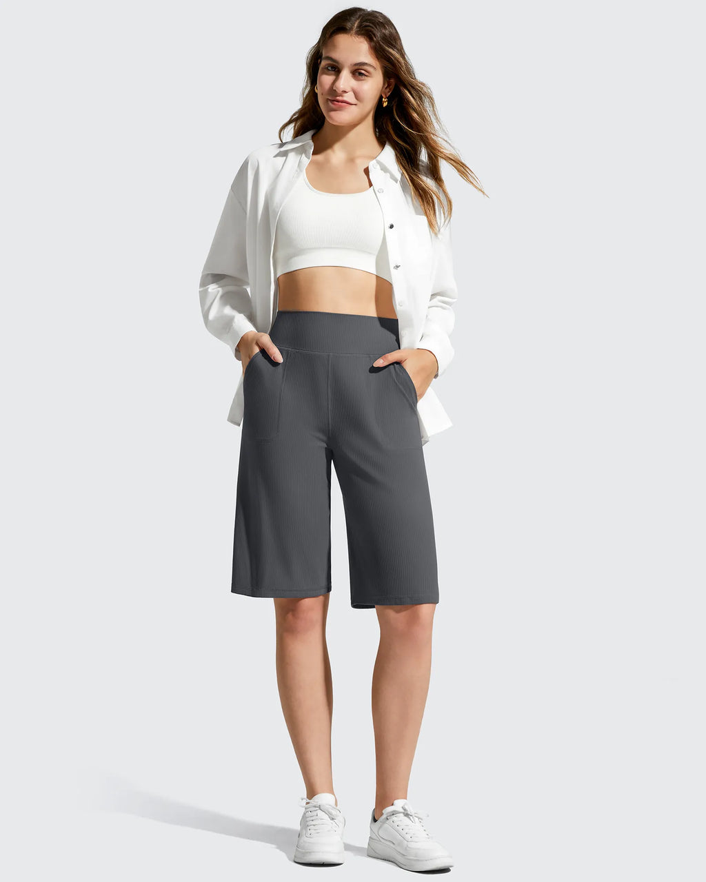 Ribbed Bermuda High-Waist Knee Length Shorts 11''