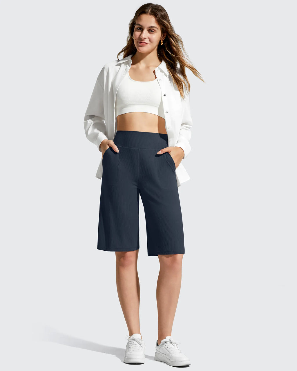 Ribbed Bermuda High-Waist Knee Length Shorts 11''
