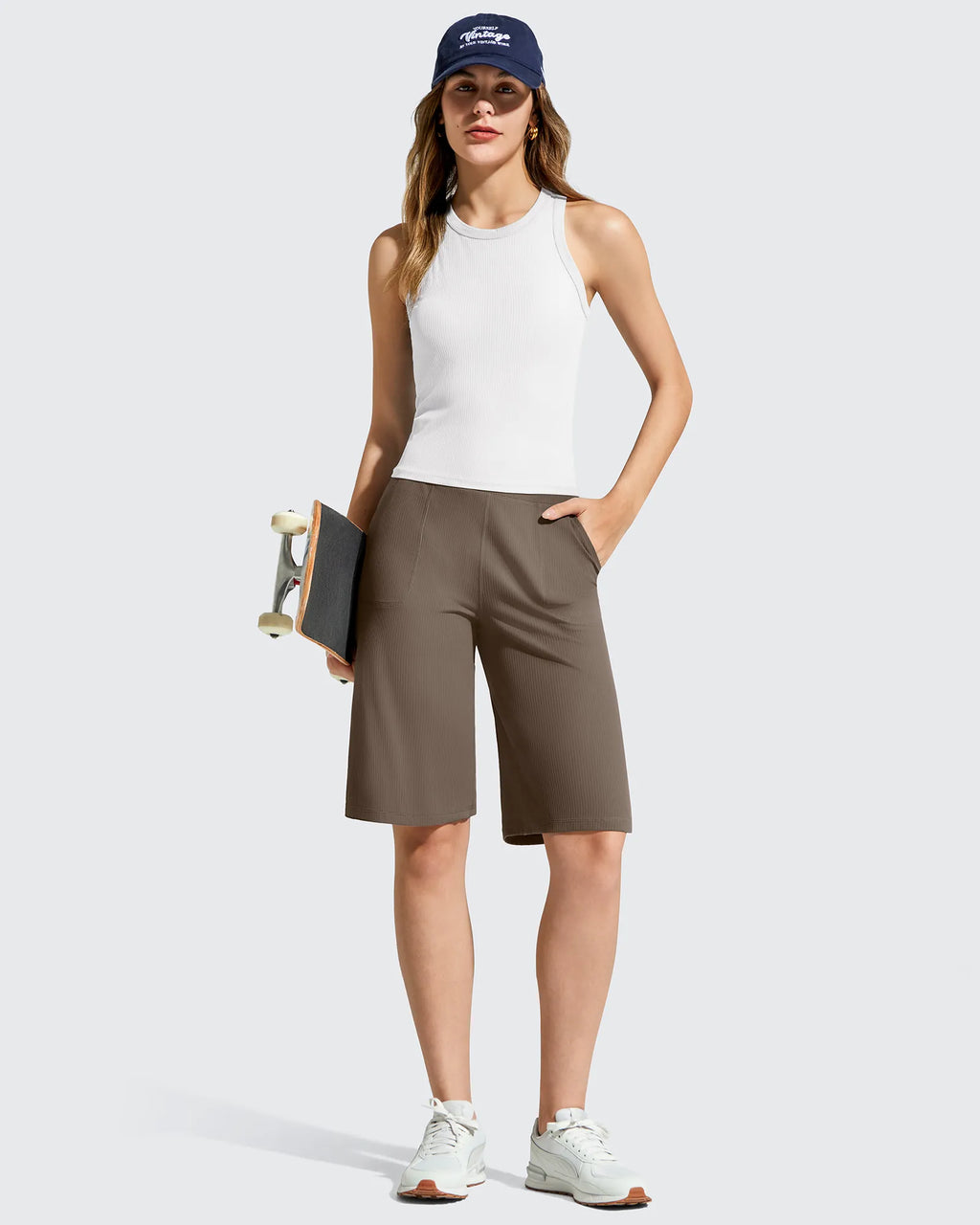 Ribbed Bermuda High-Waist Knee Length Shorts 11''