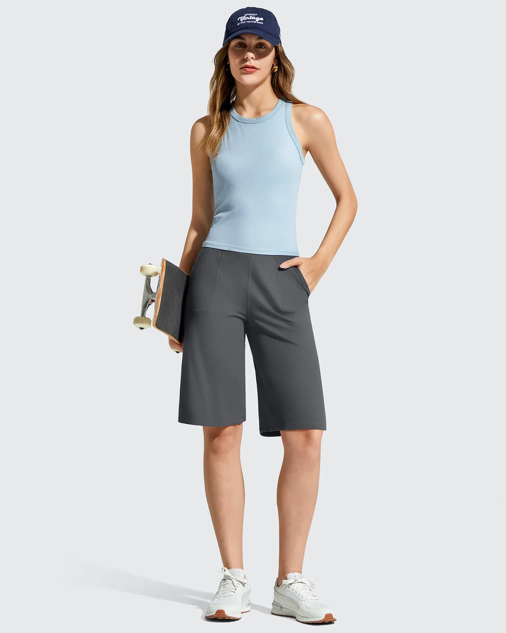 Ribbed Bermuda High-Waist Knee Length Shorts 11''