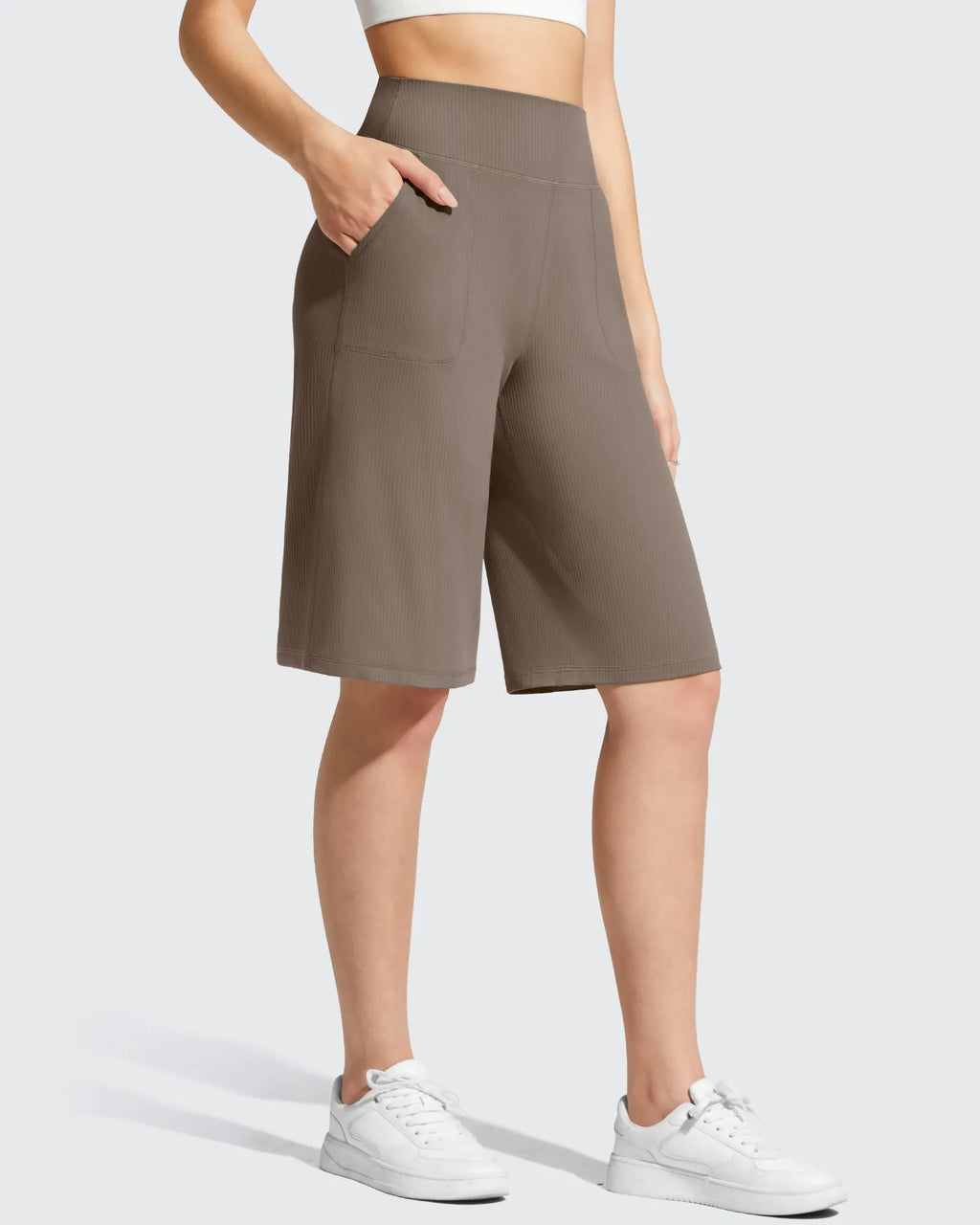 Ribbed Bermuda High-Waist Knee Length Shorts 11''