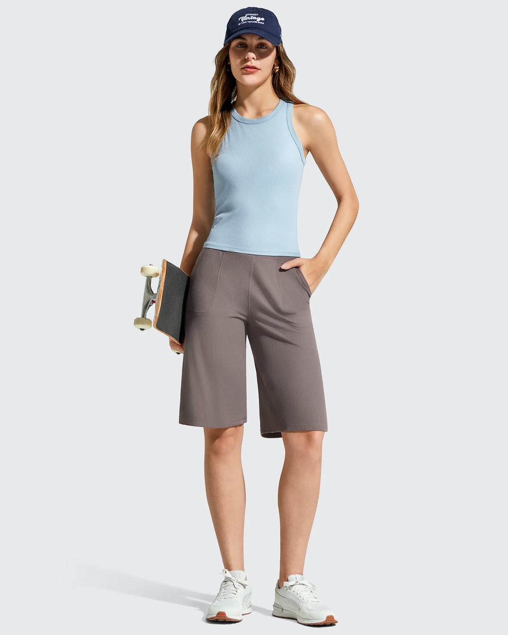 Ribbed Bermuda High-Waist Knee Length Shorts 11''