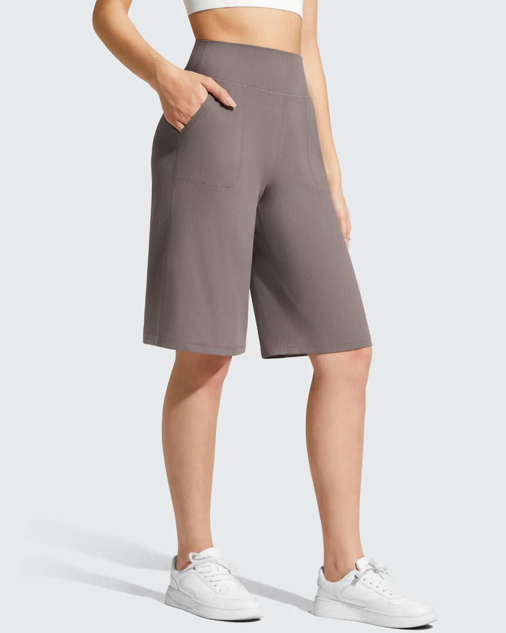 Ribbed Bermuda High-Waist Knee Length Shorts 11''