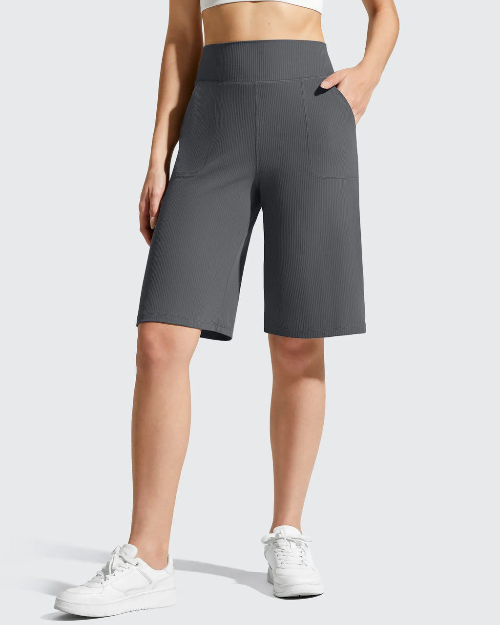 Ribbed Bermuda High-Waist Knee Length Shorts 11''