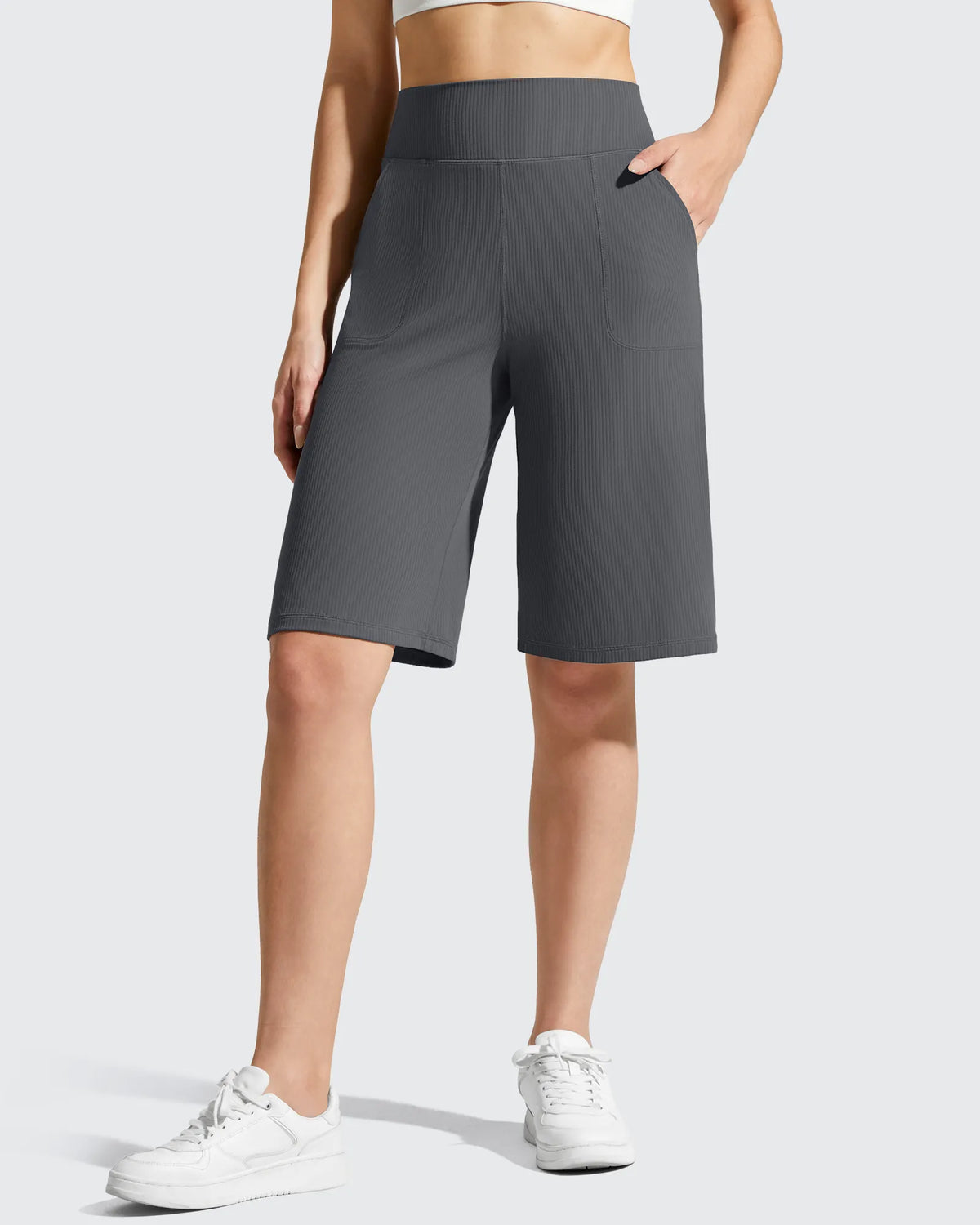 Ribbed Bermuda High-Waist Knee Length Shorts 11''