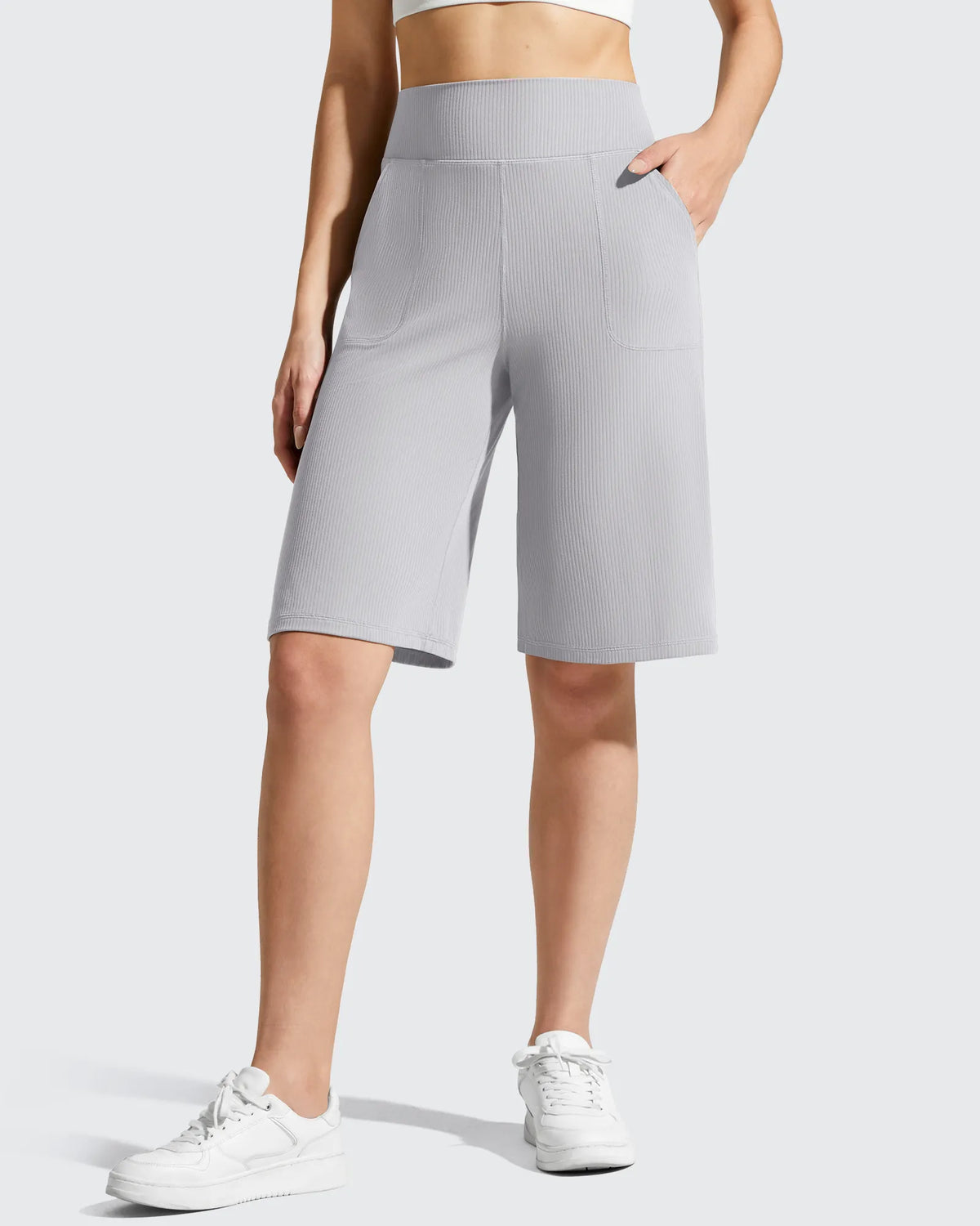 Ribbed Bermuda High-Waist Knee Length Shorts 11''
