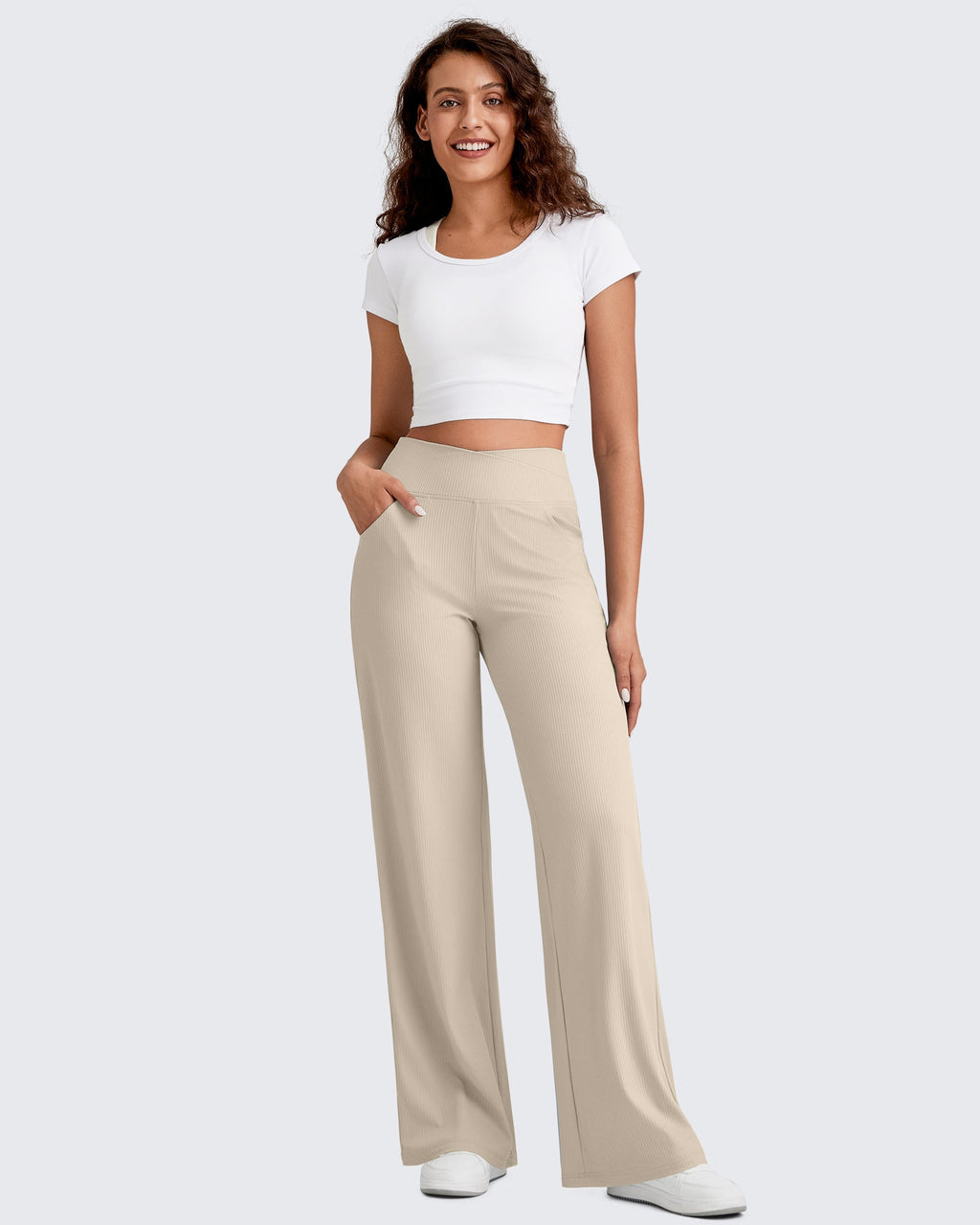 Ribbed Cross High-Waist Wide Leg Pants