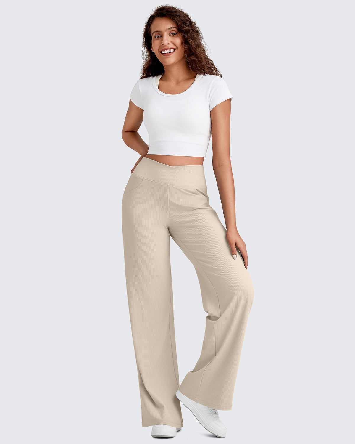 Ribbed Cross High-Waist Wide Leg Pants