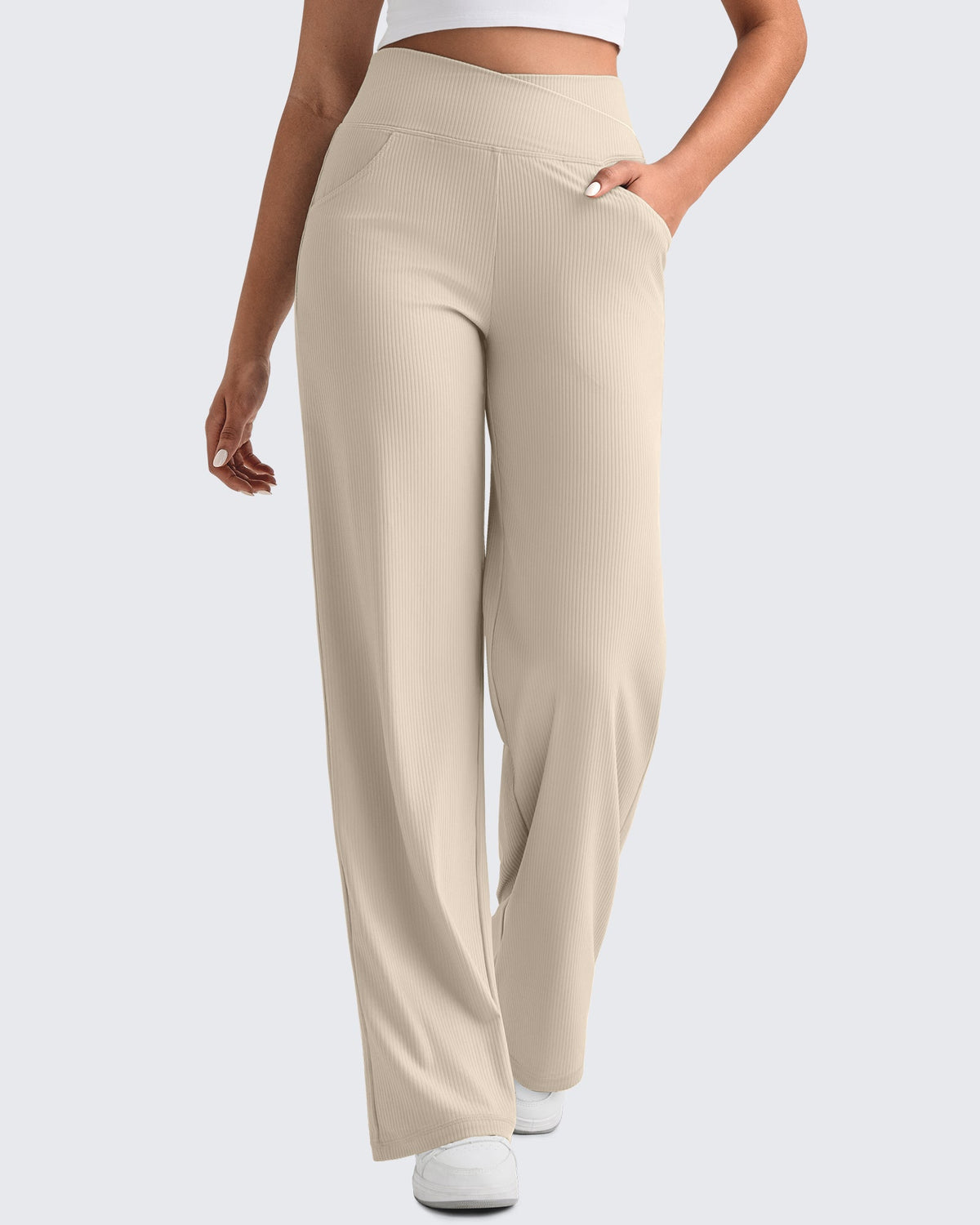 Ribbed Cross High-Waist Wide Leg Pants