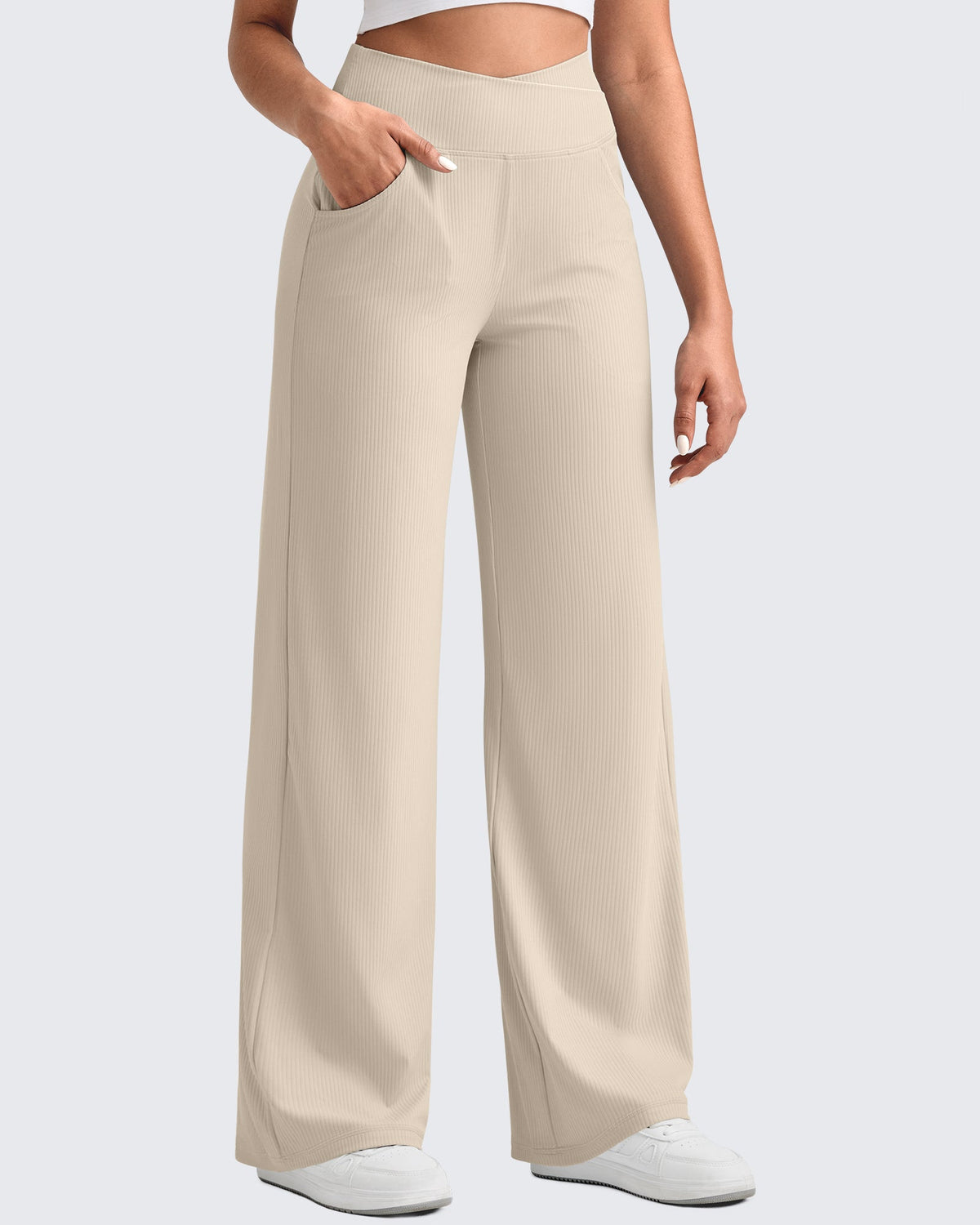 Ribbed Cross High-Waist Wide Leg Pants