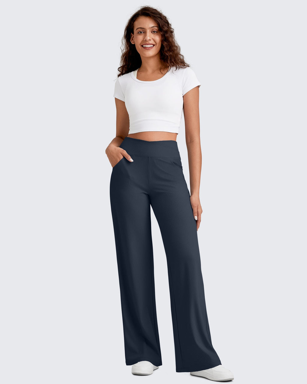 Ribbed Cross High-Waist Wide Leg Pants