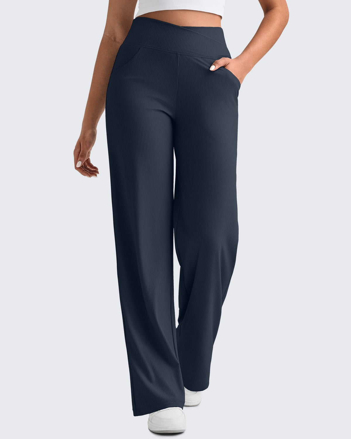 Ribbed Cross High-Waist Wide Leg Pants