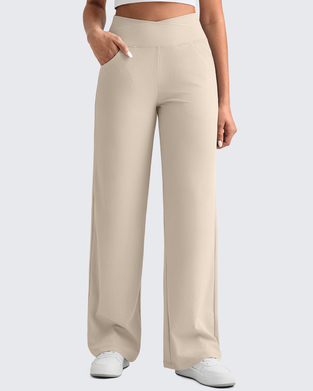 Ribbed Cross High-Waist Wide Leg Pants