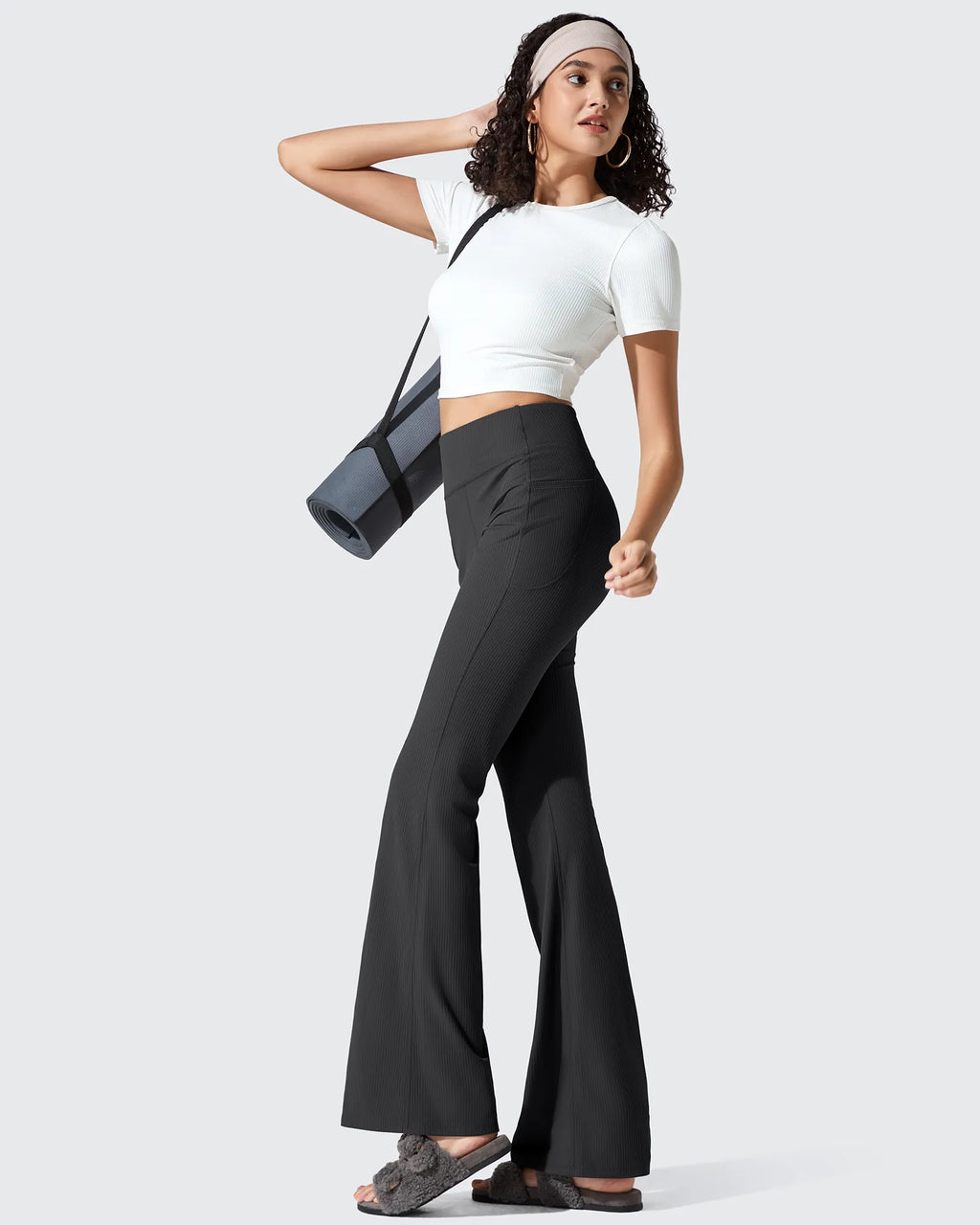 Ribbed High Waisted Pockets Bootcut Leggings