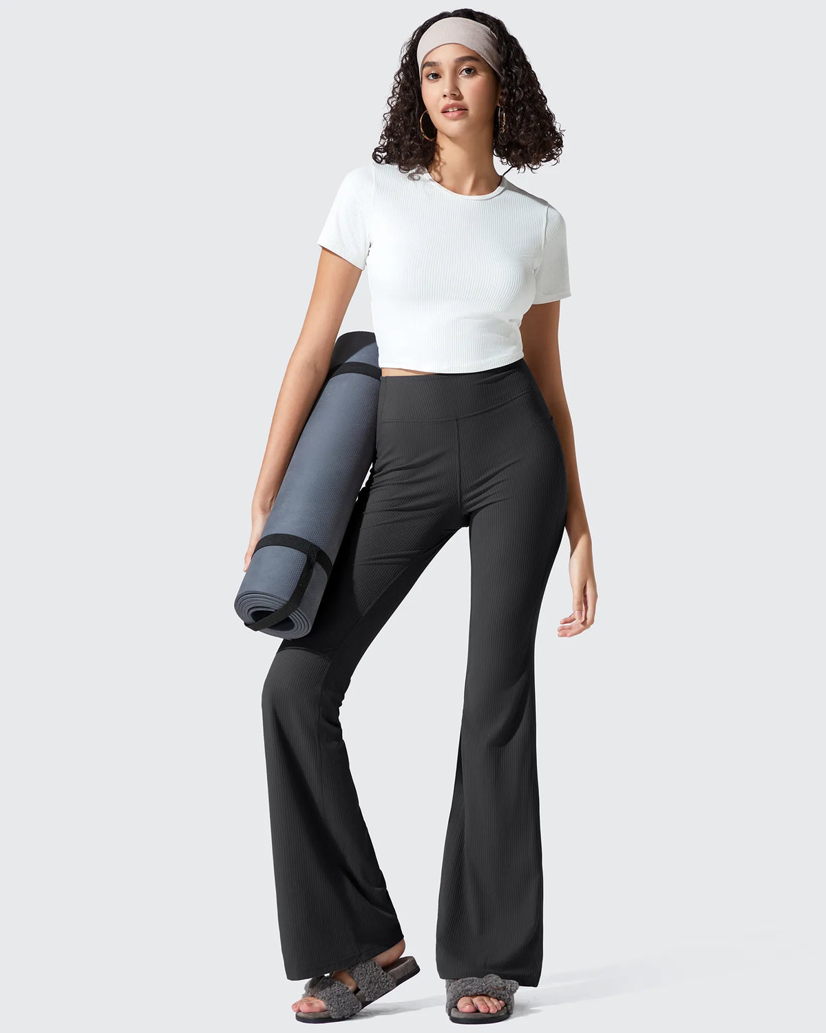 Ribbed High Waisted Pockets Bootcut Leggings
