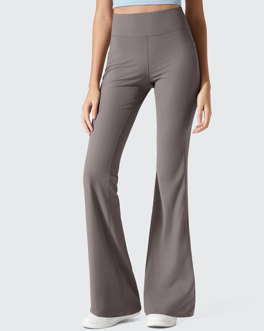 Ribbed High Waisted Pockets Bootcut Leggings