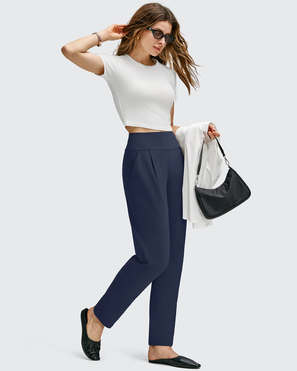 ShiftReady Front Pleated Ankle Tapered High Waist Trousers