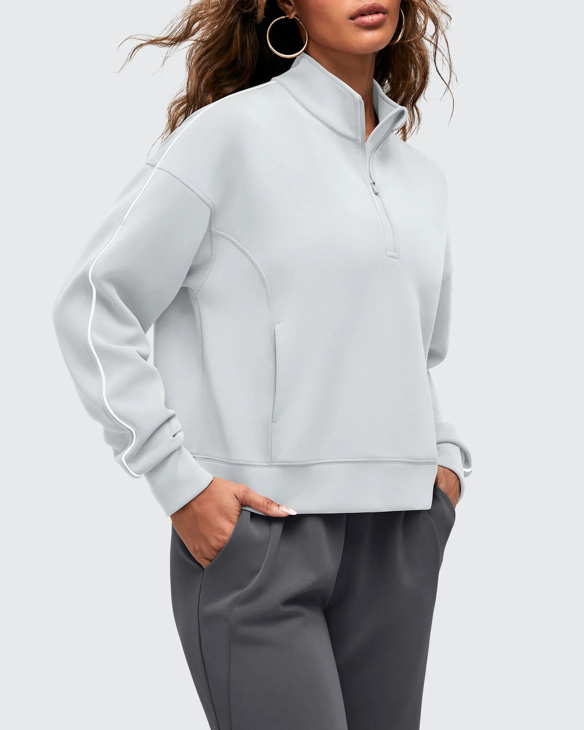 Smoofit Half-Zip White Piping Mock Neck Pullover Sweatshirts