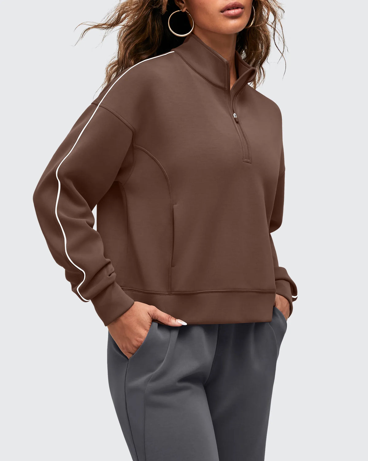 Smoofit Half-Zip White Piping Mock Neck Pullover Sweatshirts