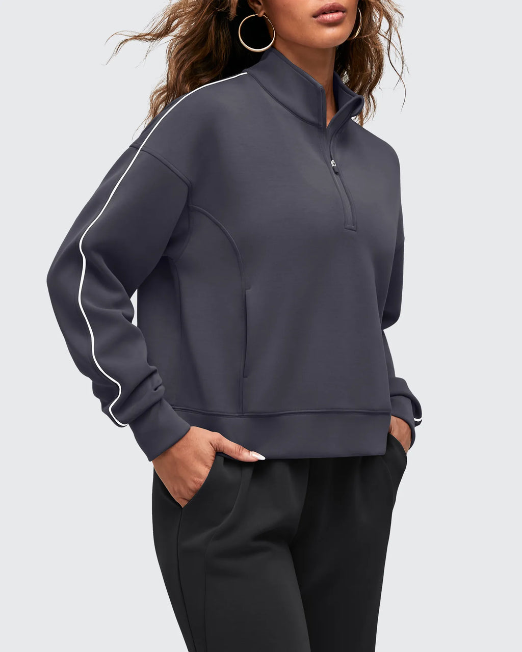 Smoofit Half-Zip White Piping Mock Neck Pullover Sweatshirts