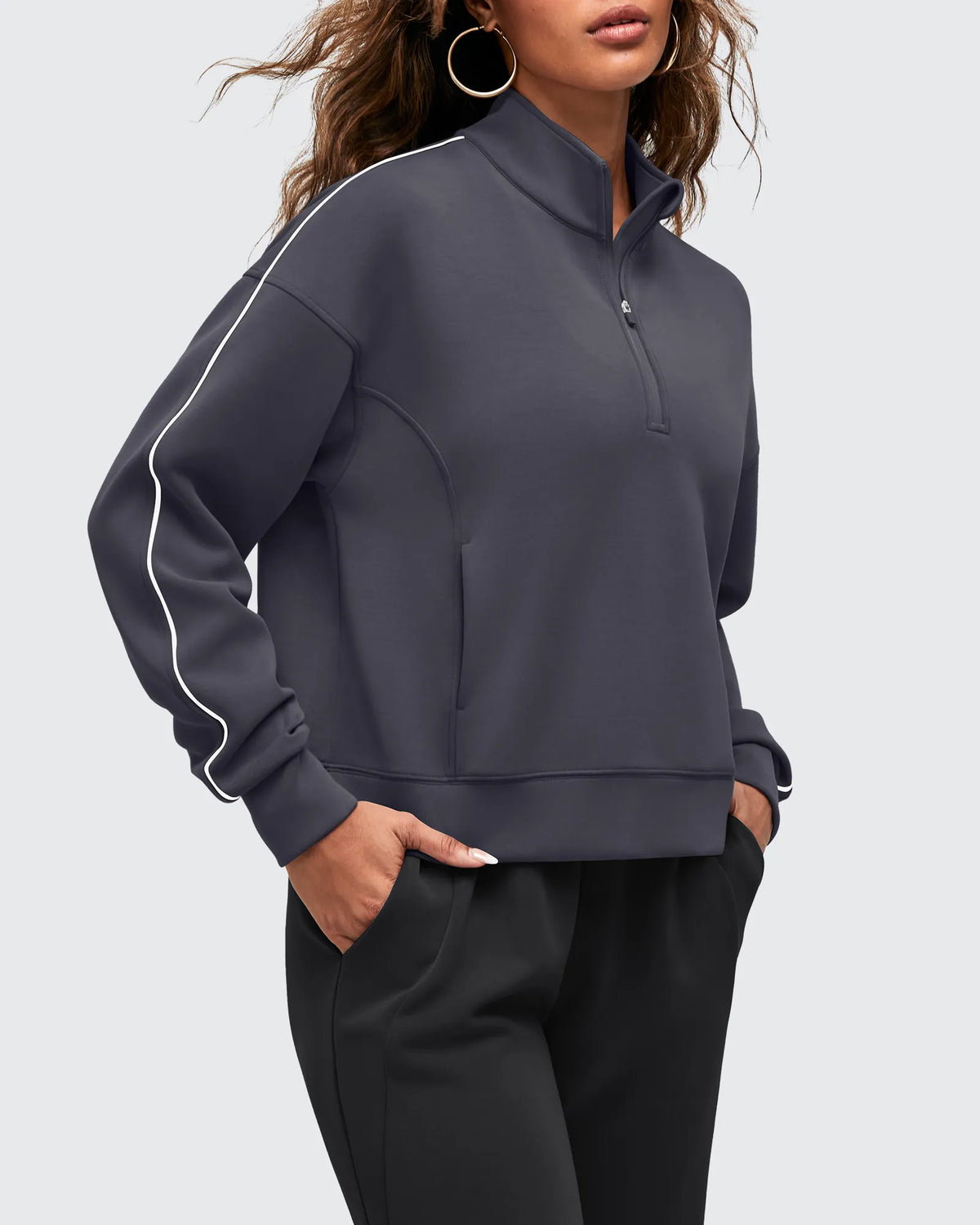 Smoofit Half-Zip White Piping Mock Neck Pullover Sweatshirts