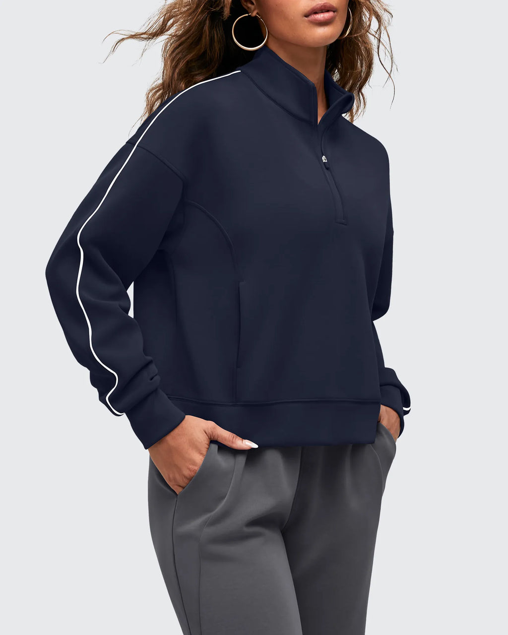 Smoofit Half-Zip White Piping Mock Neck Pullover Sweatshirts
