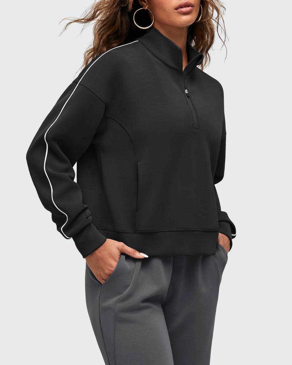 Smoofit Half-Zip White Piping Mock Neck Pullover Sweatshirts