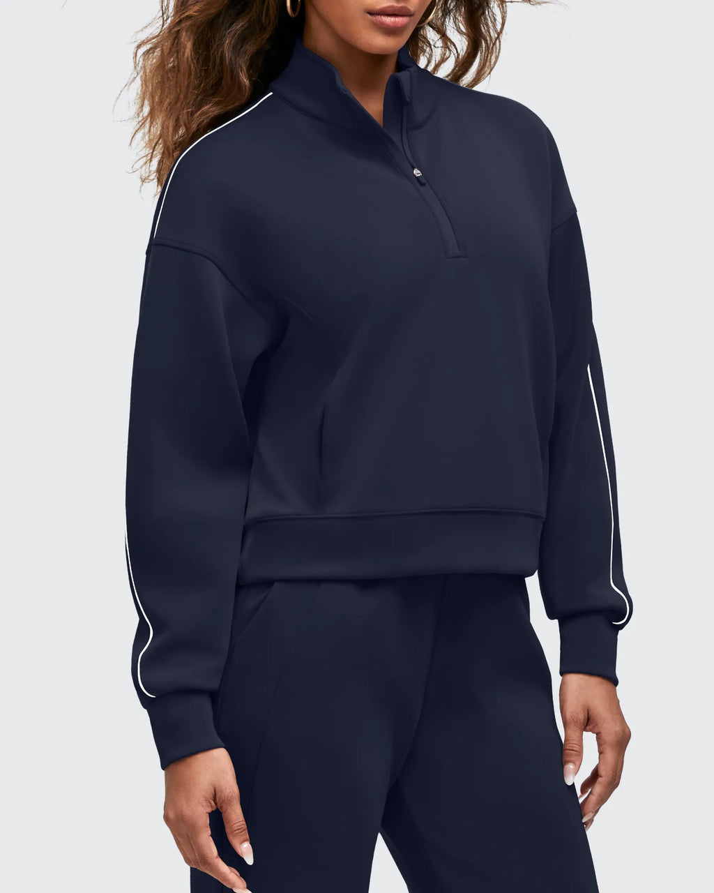 Smoofit Half-Zip White Piping Mock Neck Pullover Sweatshirts