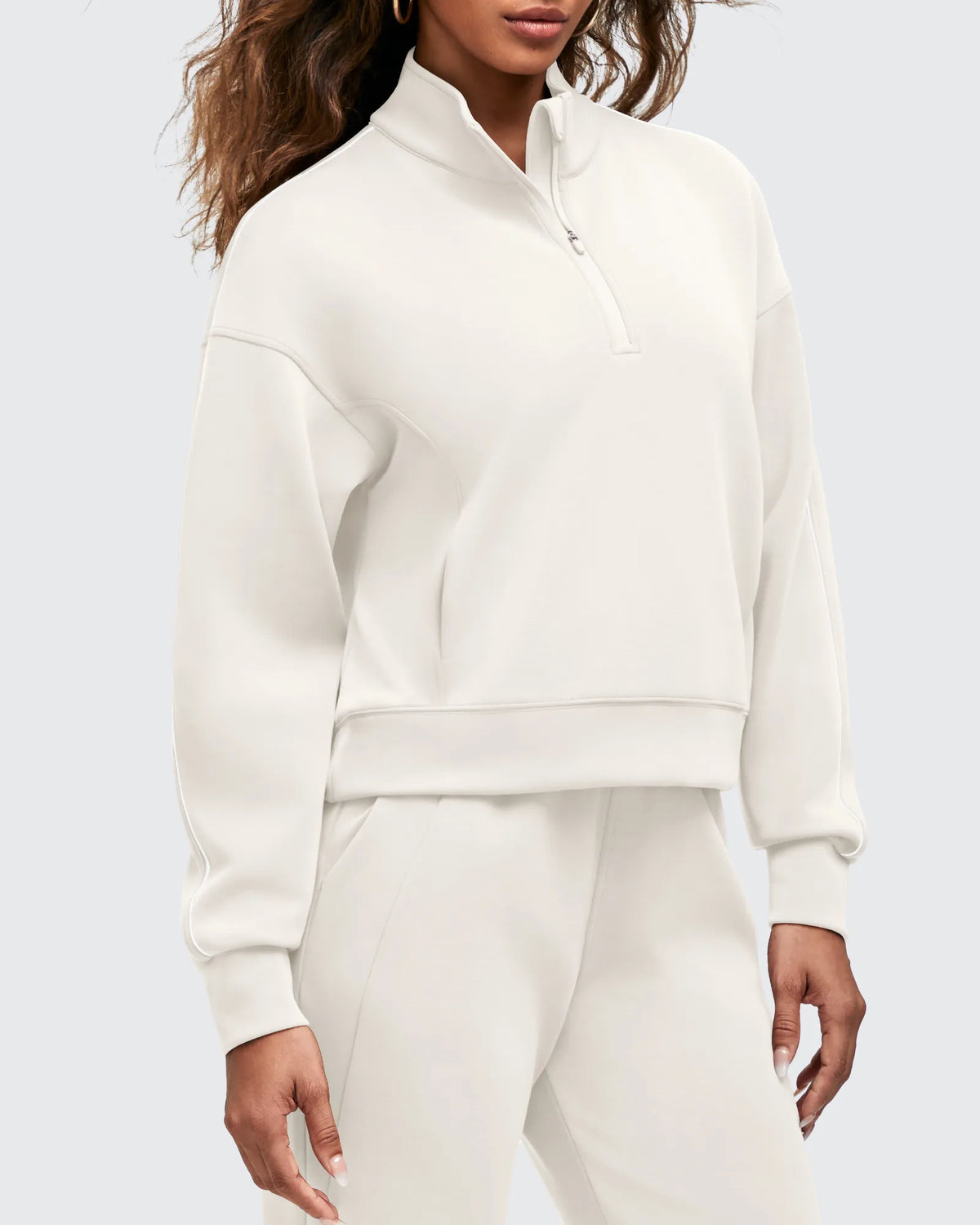 Smoofit Half-Zip White Piping Mock Neck Pullover Sweatshirts