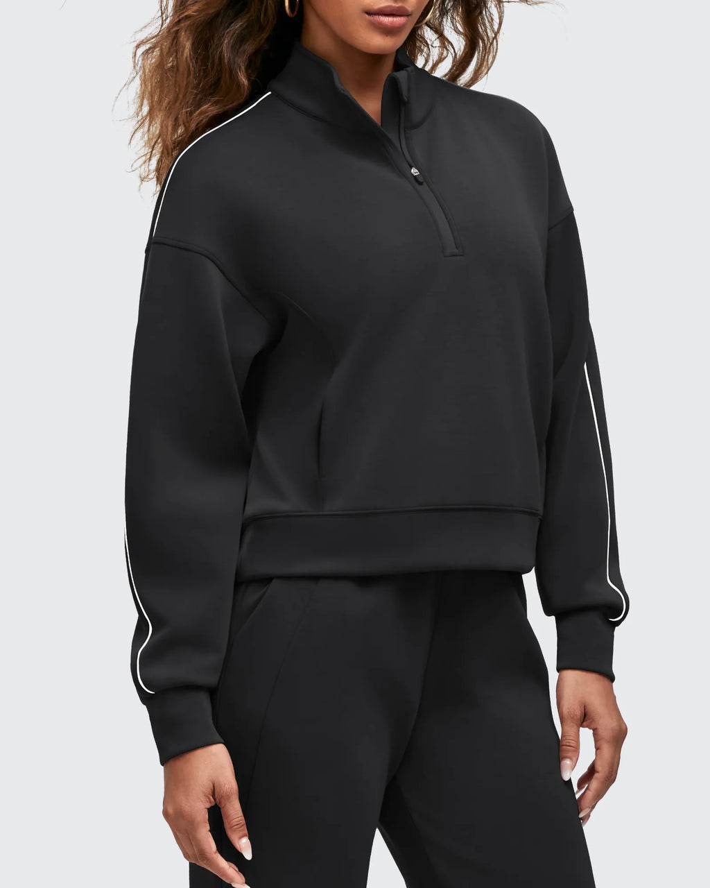 Smoofit Half-Zip White Piping Mock Neck Pullover Sweatshirts