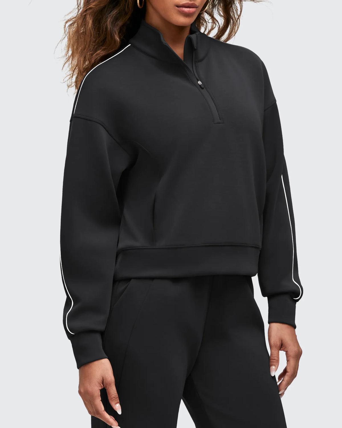 Smoofit Half-Zip White Piping Mock Neck Pullover Sweatshirts