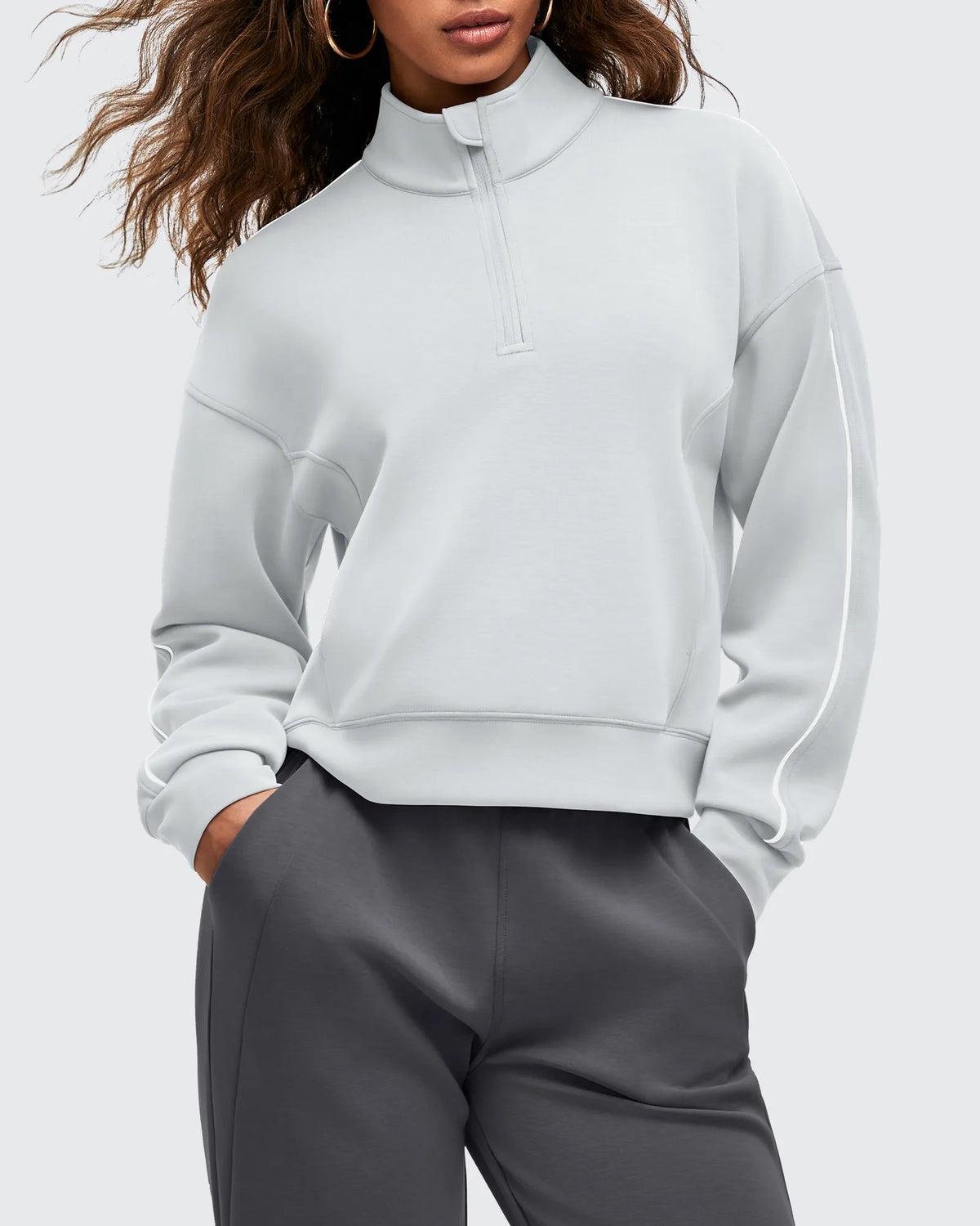 Smoofit Half-Zip White Piping Mock Neck Pullover Sweatshirts