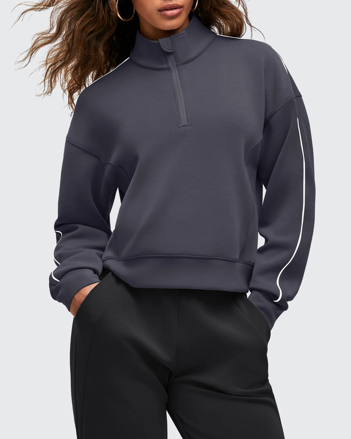 Smoofit Half-Zip White Piping Mock Neck Pullover Sweatshirts