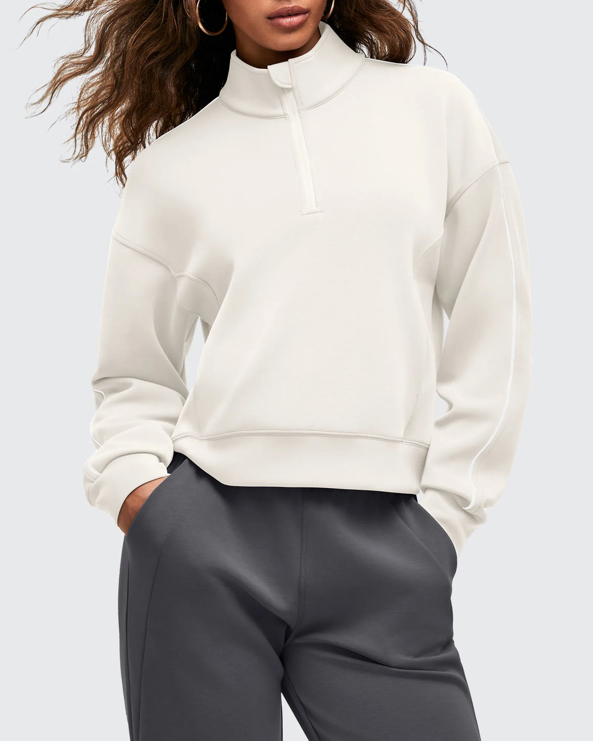 Smoofit Half-Zip White Piping Mock Neck Pullover Sweatshirts