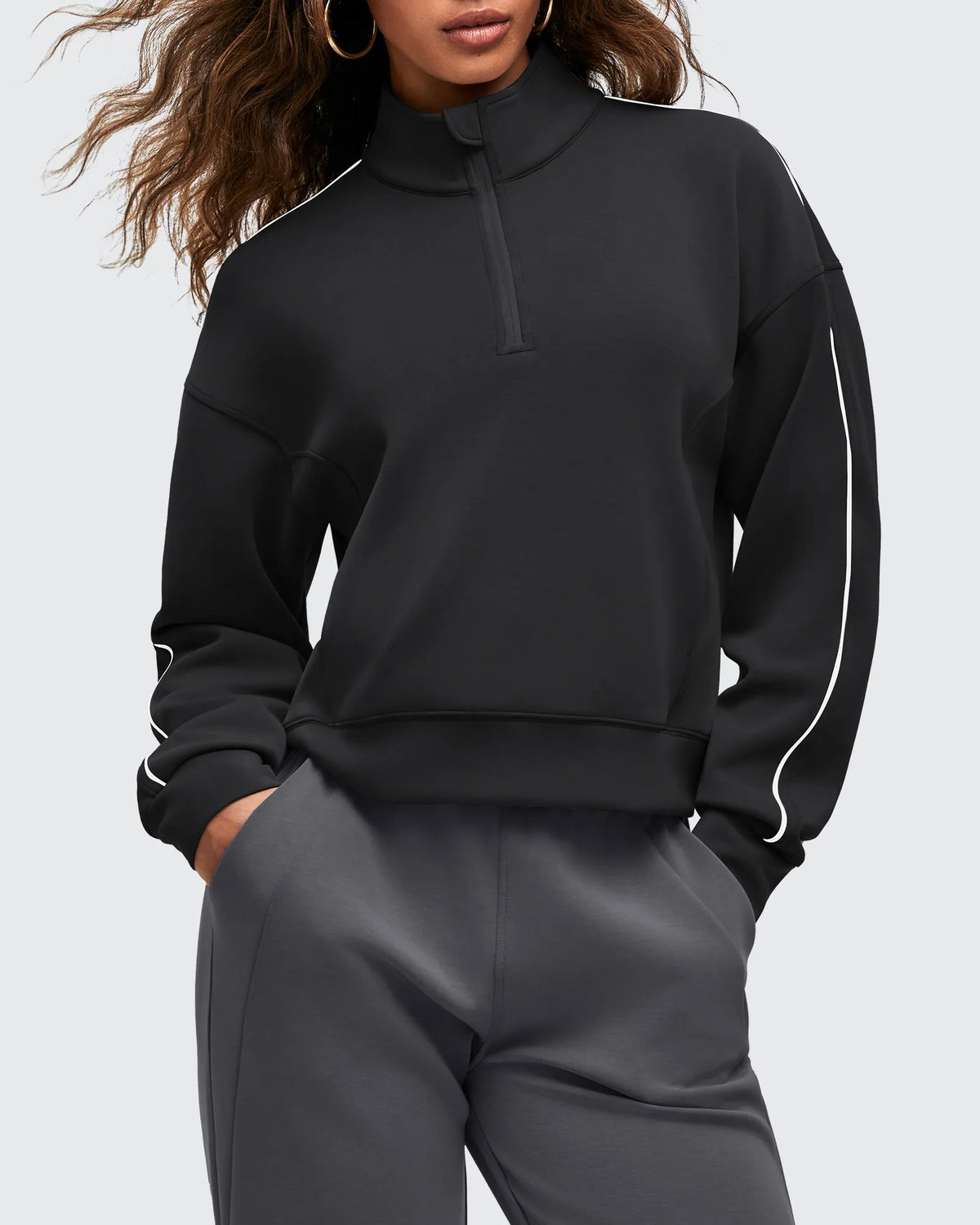 Smoofit Half-Zip White Piping Mock Neck Pullover Sweatshirts