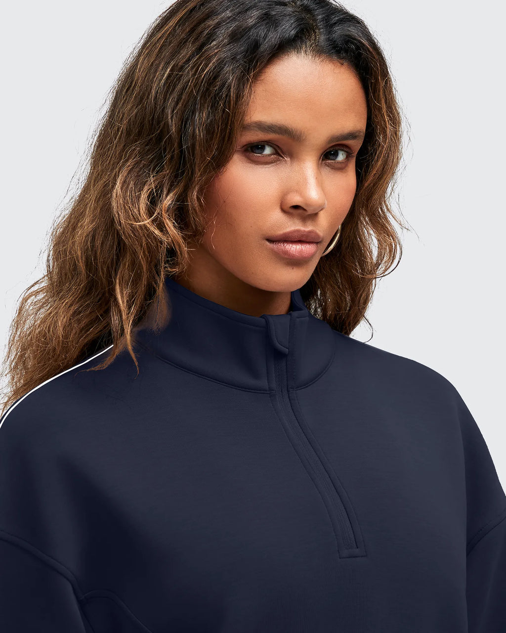 Smoofit Half-Zip White Piping Mock Neck Pullover Sweatshirts