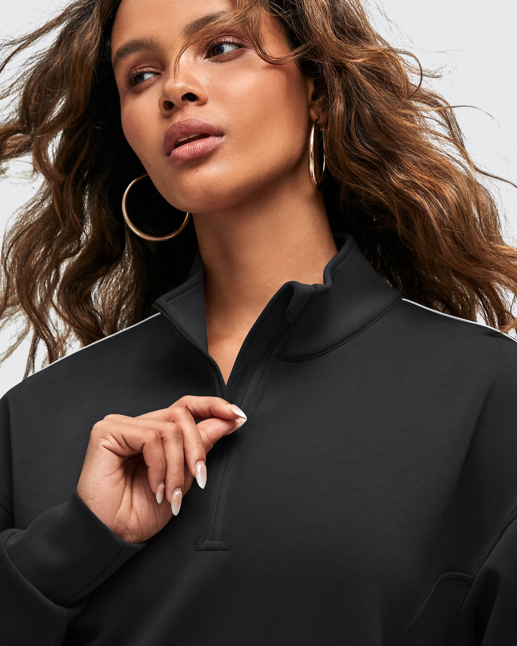 Smoofit Half-Zip White Piping Mock Neck Pullover Sweatshirts
