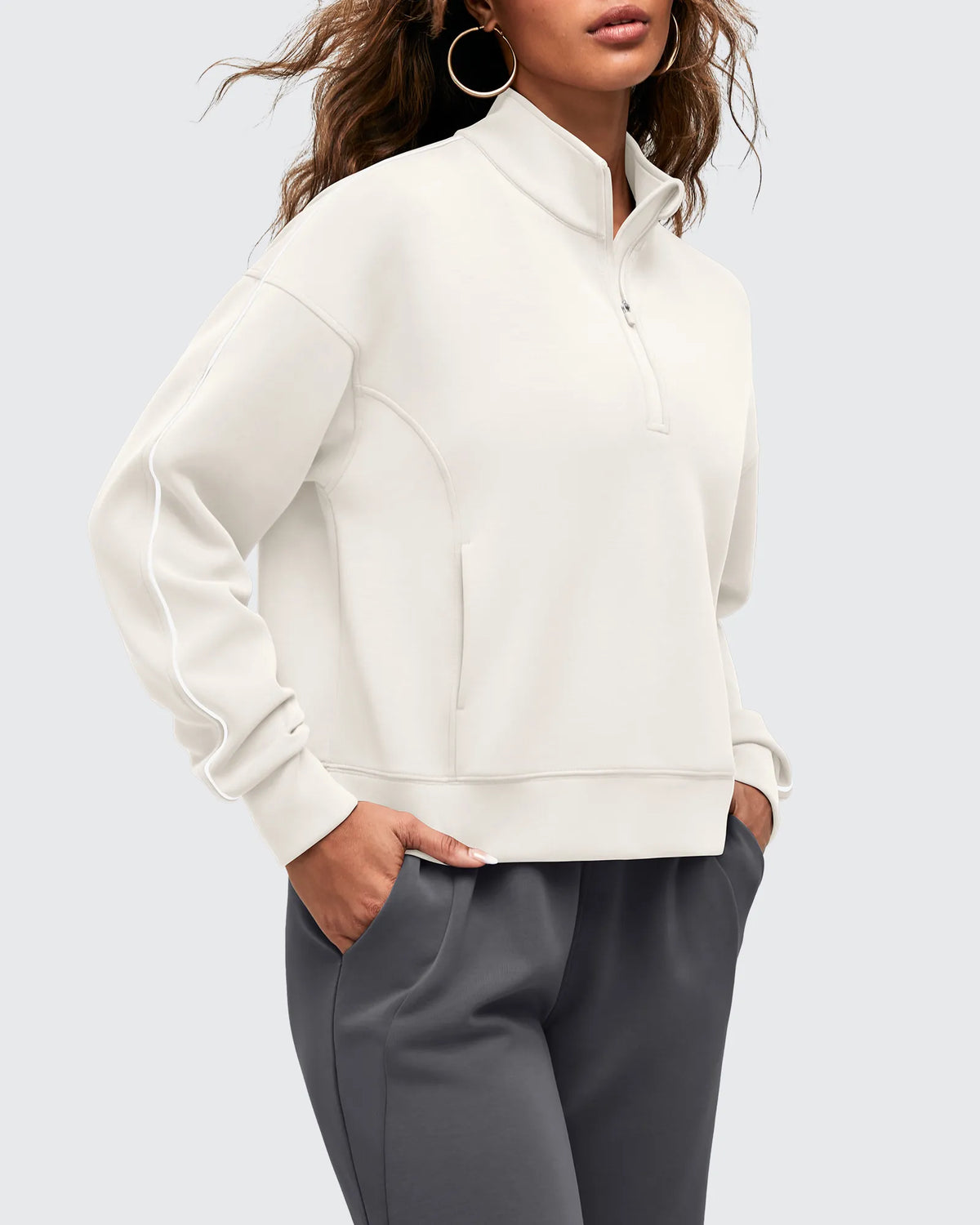 Smoofit Half-Zip White Piping Mock Neck Pullover Sweatshirts