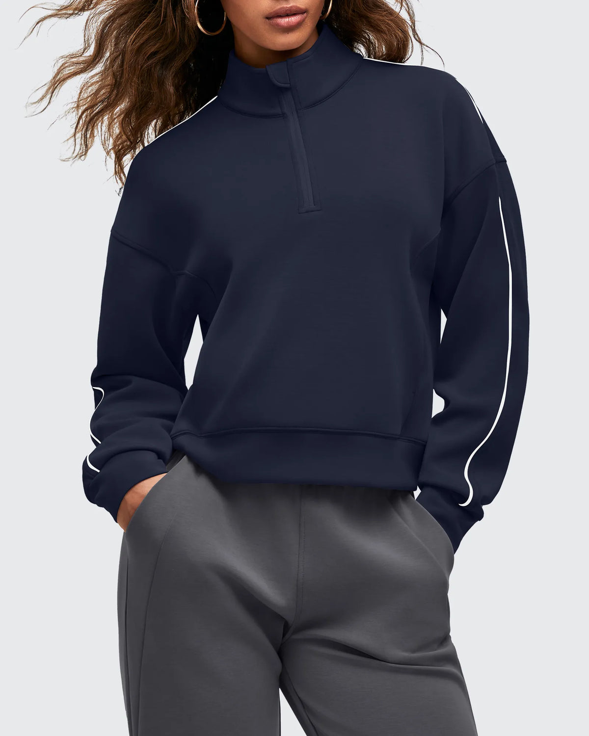 Smoofit Half-Zip White Piping Mock Neck Pullover Sweatshirts